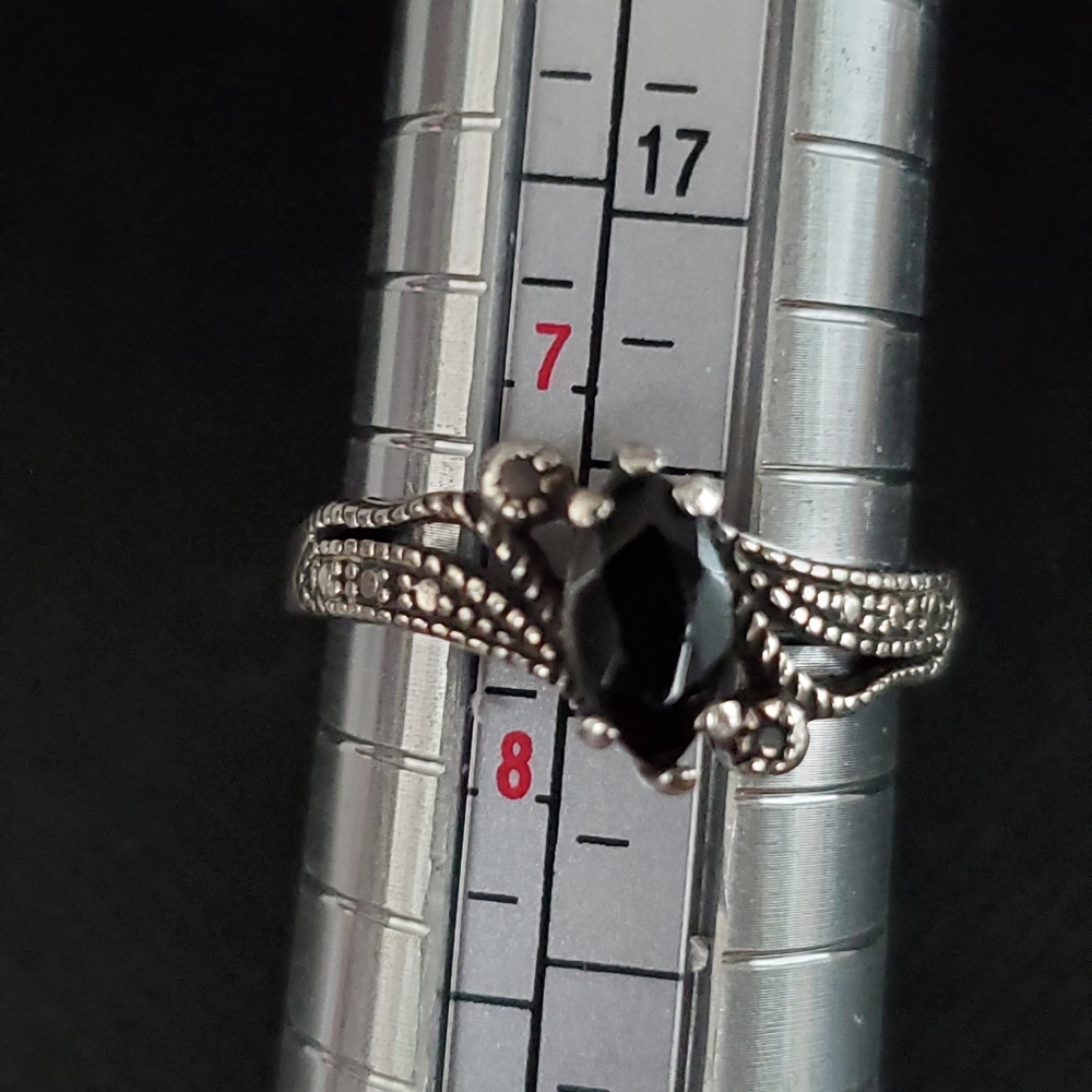 Sterling Silver Ring w/ Onyx & Marcasite
